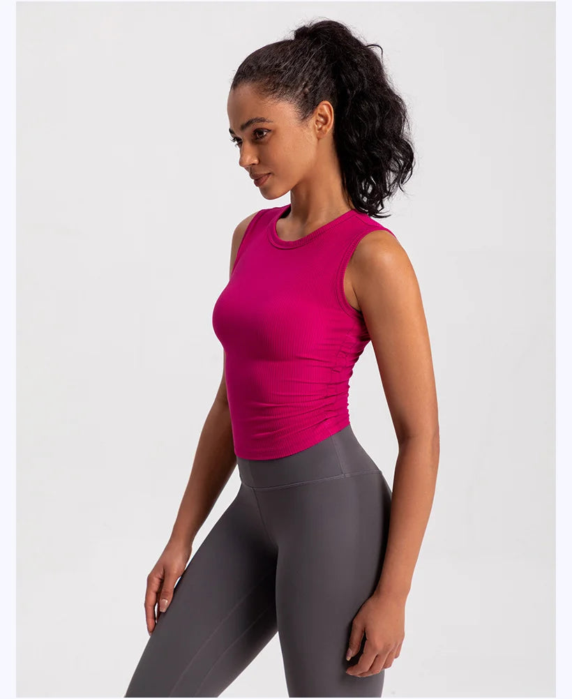2024 Summer Women's Sports Vest Tank Vest Sleeveless Yoga Vest Ruched Slim-fit Quick-dry Sports Tops Running Shirt Fitness Top