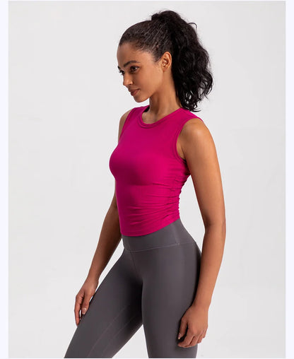 2024 Summer Women's Sports Vest Tank Vest Sleeveless Yoga Vest Ruched Slim-fit Quick-dry Sports Tops Running Shirt Fitness Top