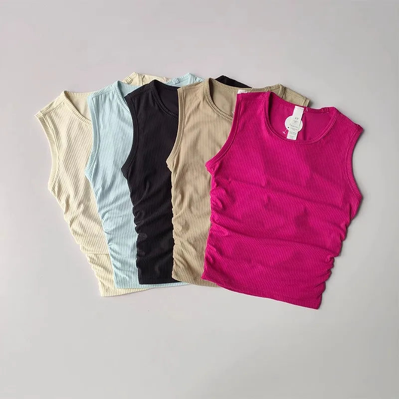 2024 Summer Women's Sports Vest Tank Vest Sleeveless Yoga Vest Ruched Slim-fit Quick-dry Sports Tops Running Shirt Fitness Top