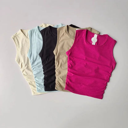 2024 Summer Women's Sports Vest Tank Vest Sleeveless Yoga Vest Ruched Slim-fit Quick-dry Sports Tops Running Shirt Fitness Top