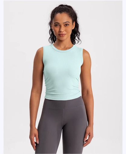 2024 Summer Women's Sports Vest Tank Vest Sleeveless Yoga Vest Ruched Slim-fit Quick-dry Sports Tops Running Shirt Fitness Top