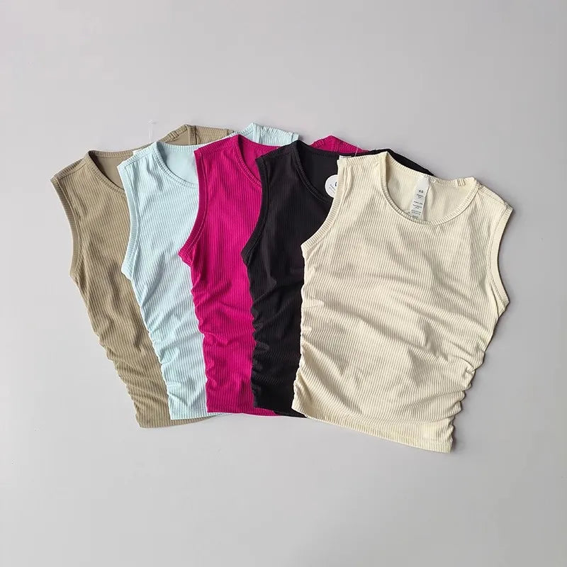 2024 Summer Women's Sports Vest Tank Vest Sleeveless Yoga Vest Ruched Slim-fit Quick-dry Sports Tops Running Shirt Fitness Top
